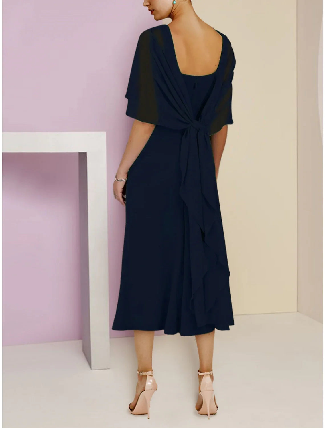 Aimishang Sheath / Column Mother of the Bride Dress Wedding Guest Simple Elegant Scoop Neck Tea Length Chiffon Short Sleeve with Ruching Solid Color