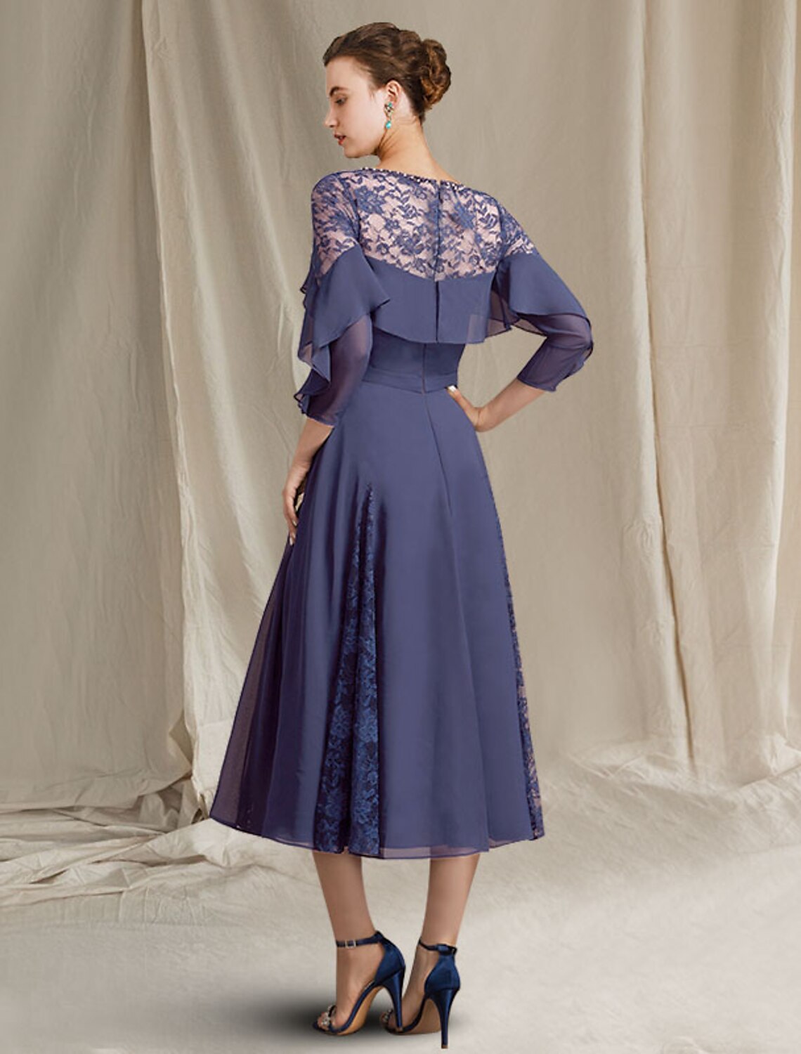 Aimishang A-Line Mother of the Bride Dress Elegant Jewel Neck Tea Length Chiffon 3/4 Length Sleeve with Pleats Sequin Ruffles