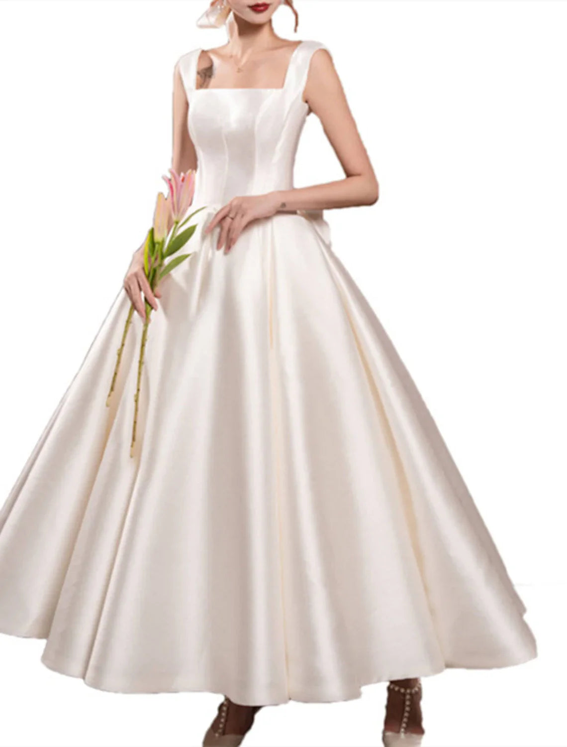 Aimishang Reception Simple Wedding Dresses Wedding Dresses A-Line Off Shoulder Cap Sleeve Tea Length Satin Bridal Gowns With Pleats Ruched