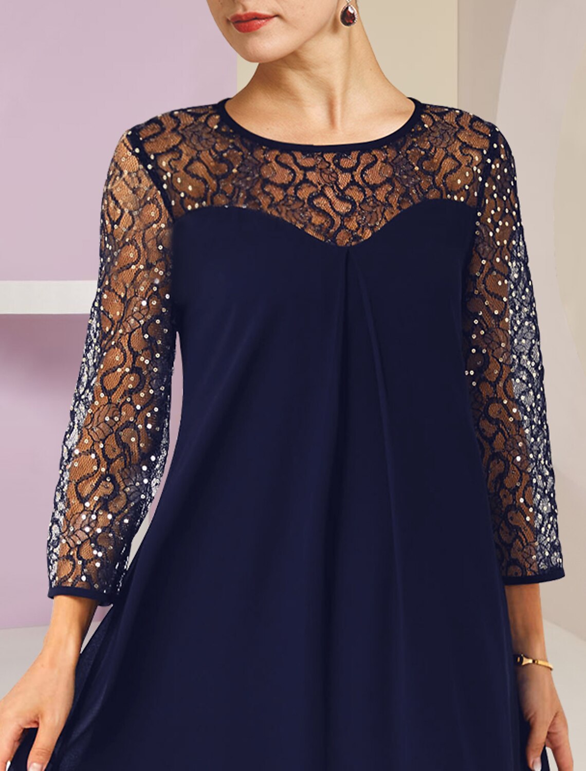 Aimishang A-Line Mother of the Bride Dress Formal Wedding Guest Elegant Scoop Neck Knee Length Lace 3/4 Length Sleeve with Sequin