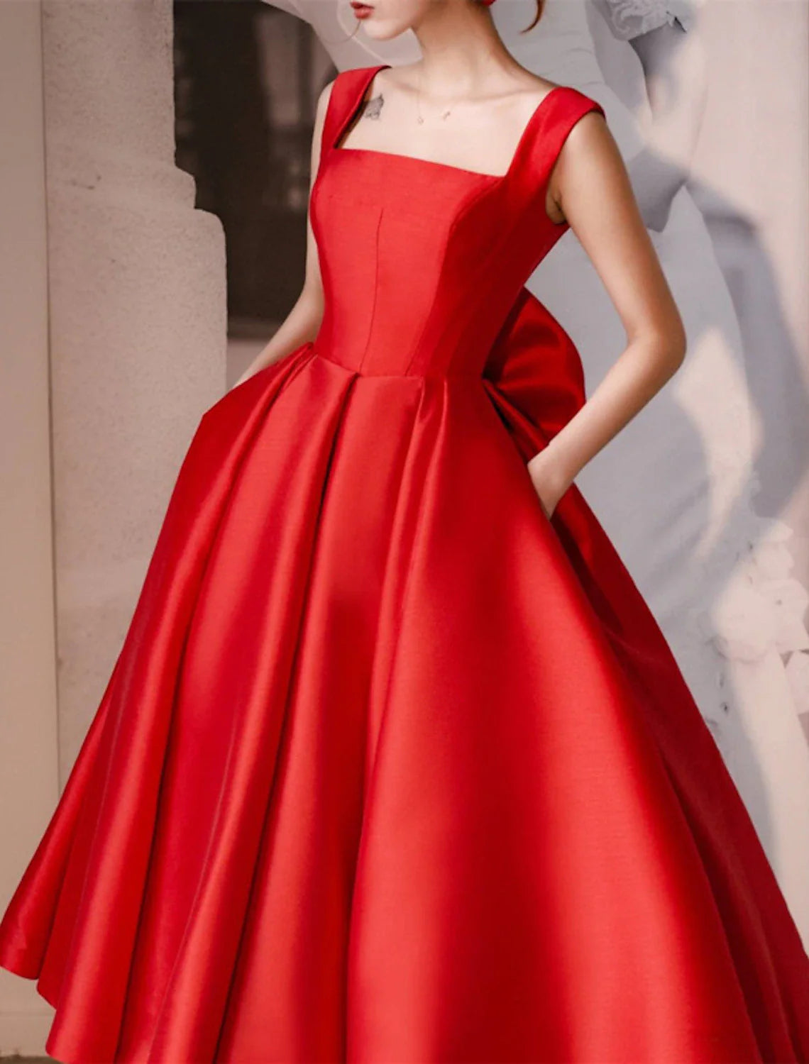 Aimishang Reception Simple Wedding Dresses Wedding Dresses A-Line Off Shoulder Cap Sleeve Tea Length Satin Bridal Gowns With Pleats Ruched