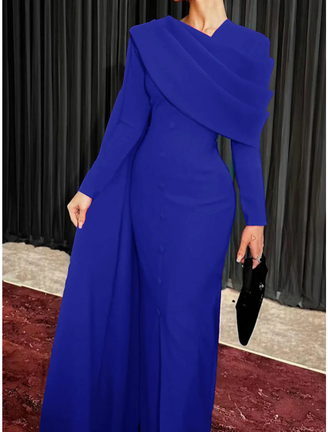 Sheath / Column Red Black Christmas Red Green Dress Evening Gown Elegant Cape Dress Formal Fall Sweep / Brush Train Long Sleeve Cowl Neck  Fabric with Buttons Slit 2025