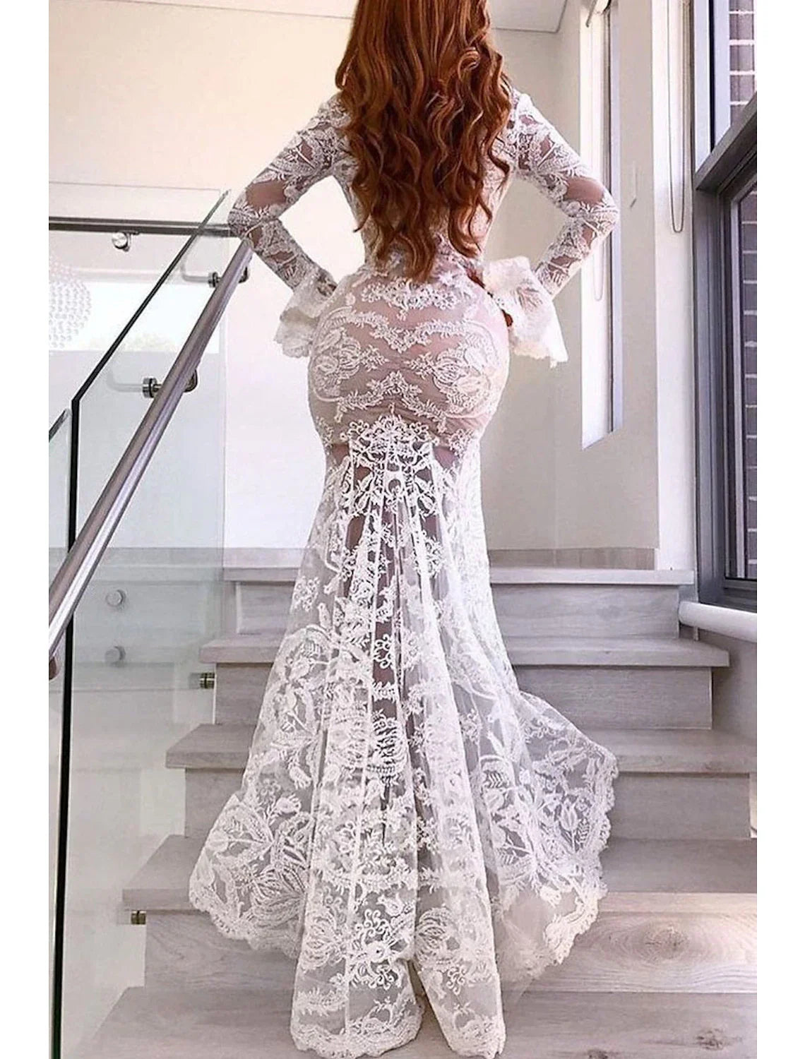Aimishang Beach Boho Wedding Dresses Mermaid / Trumpet V Neck Long Sleeve Sweep / Brush Train Lace Bridal Gowns With Appliques Split Front