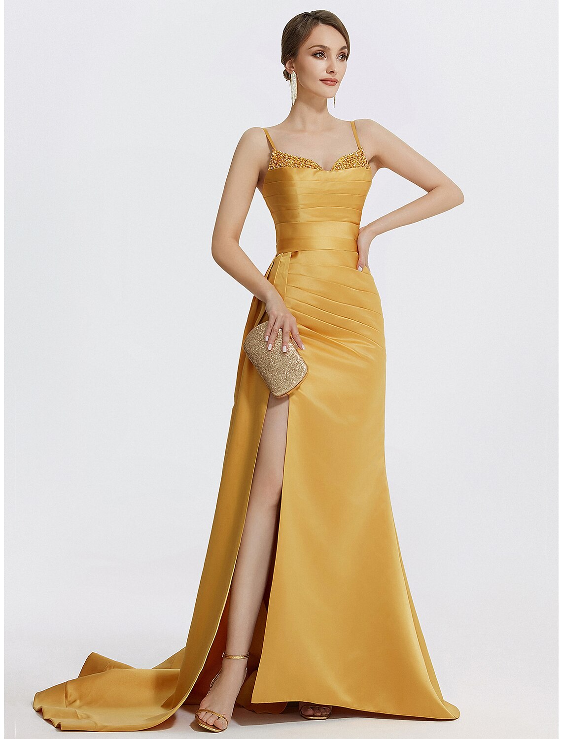 Aimishang A-Line Evening Gown Sparkle Dress Wedding Prom Sweep / Brush Train Sleeveless Spaghetti Strap Satin with Rhinestone Ruched