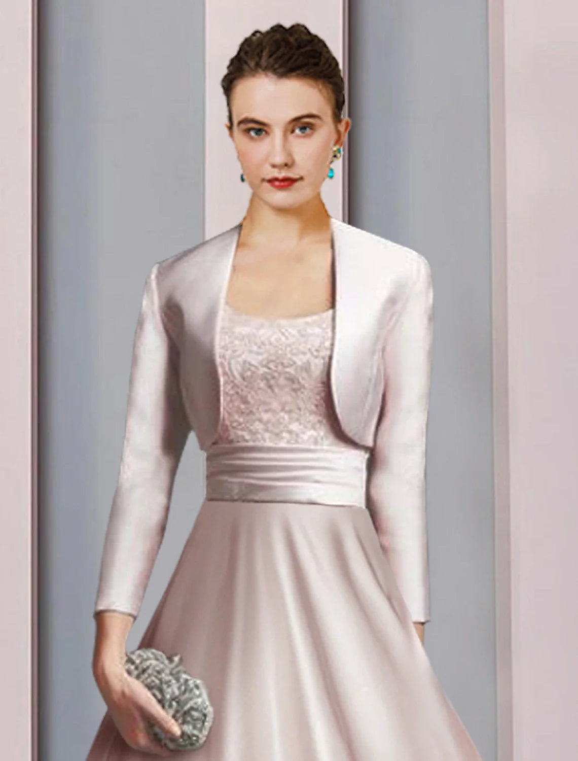 Wholesa Two Piece A-Line Mother of the Bride Dress Formal Church Party Elegant Scoop Neck Tea Length Satin Lace Half Sleeve with Appliques Ruching