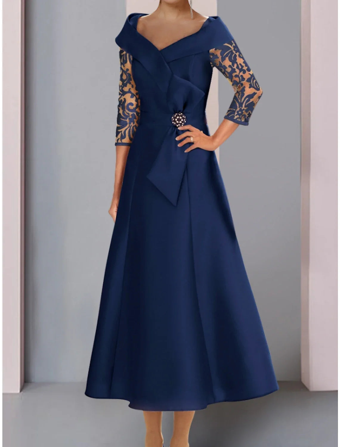 Aimishang  A-Line Mother of the Bride Dress Wedding Guest Elegant Petite V Neck Tea Length Satin Lace 3/4 Length Sleeve with Bow(s) Crystal Brooch Ruching