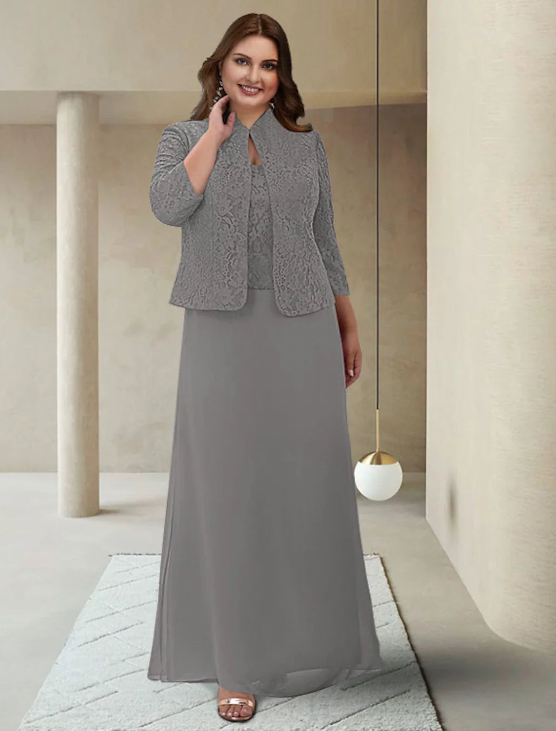 Two Piece Sheath / Column Mother of the Bride Dress Plus Size Elegant Jewel Neck Ankle Length Chiffon Lace 3/4 Length Sleeve Wrap Included with Appliques