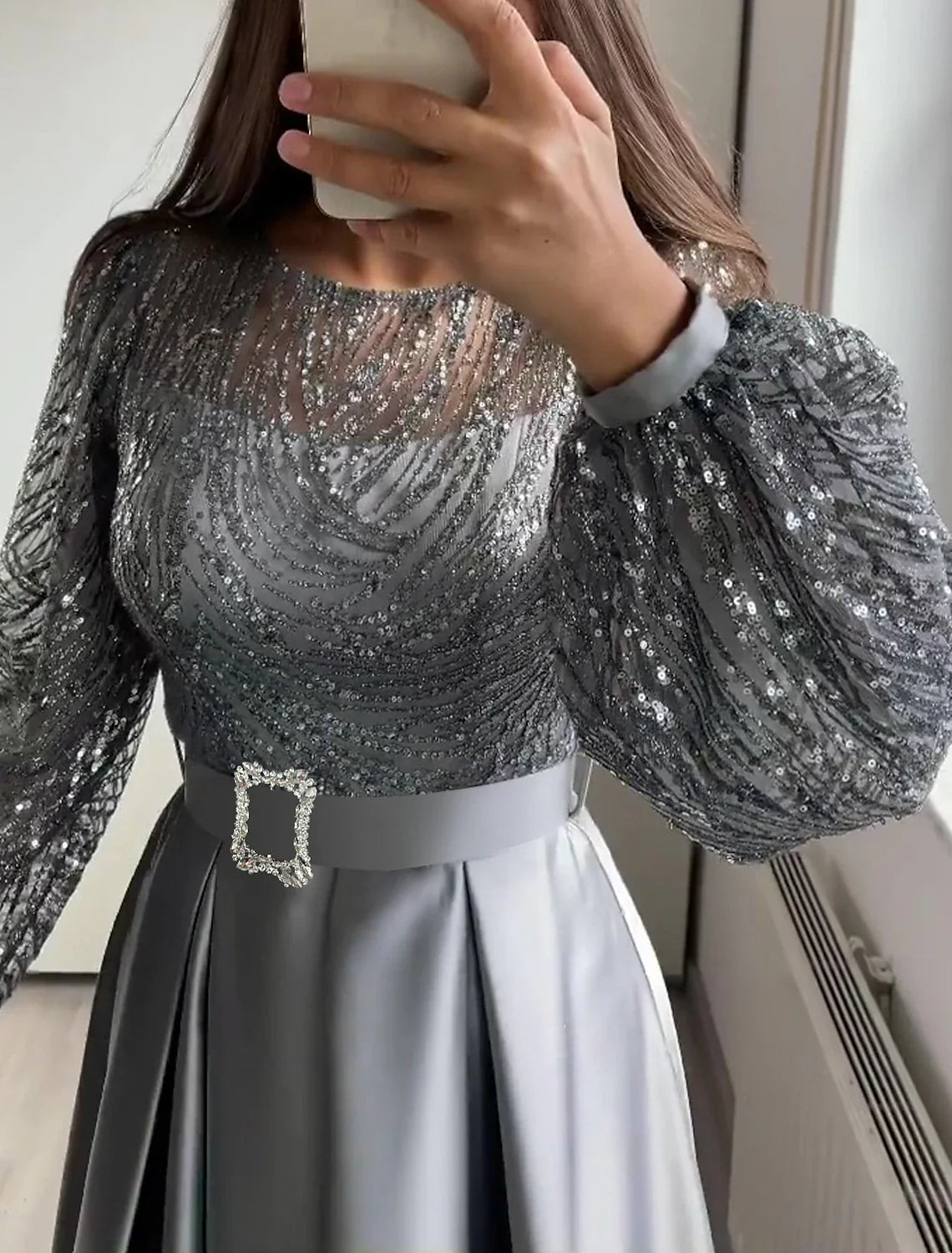 Aimishang A-Line Evening Gown Elegant Dress Wedding Black Tie Floor Length Long Sleeve Jewel Neck Fall Wedding Guest Satin with Sequin