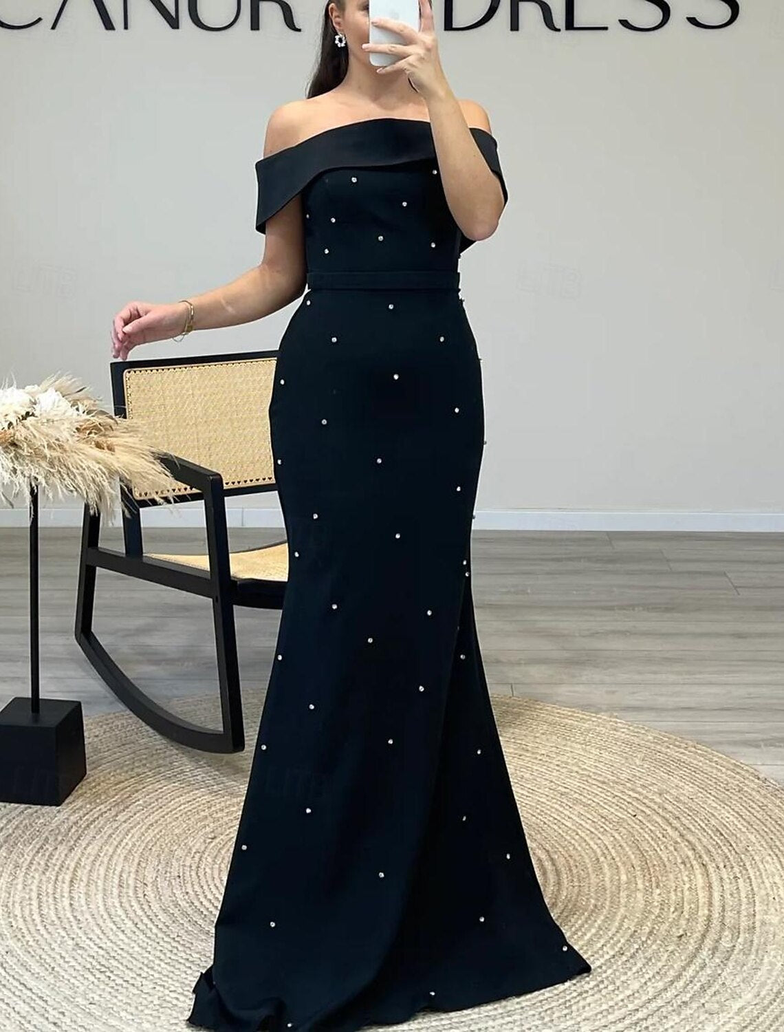 Mermaid / Trumpet Evening Gown Elegant Dress Formal Wedding Guest Floor Length Short Sleeve Off Shoulder Stretch Crepe with Beading