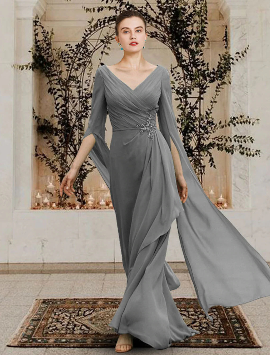 Aimishang  Sheath / Column Mother of the Bride Dress Elegant V Neck Floor Length Chiffon Half Sleeve with Beading Side-Draped