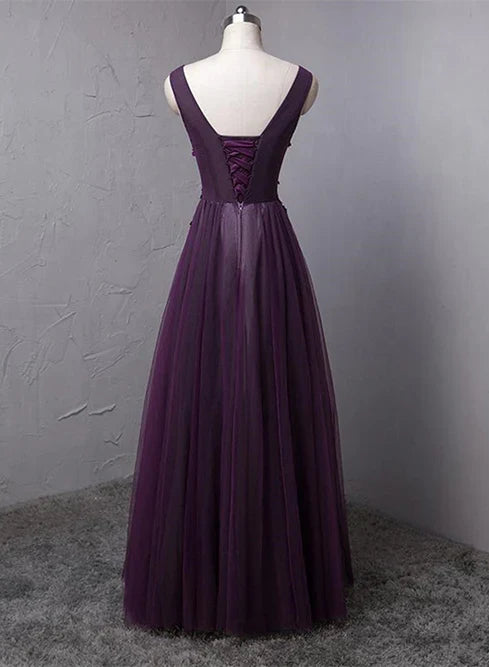 Dark Purple V-neckline Beaded Tulle Long Formal Dress Evening Dress Prom Dress