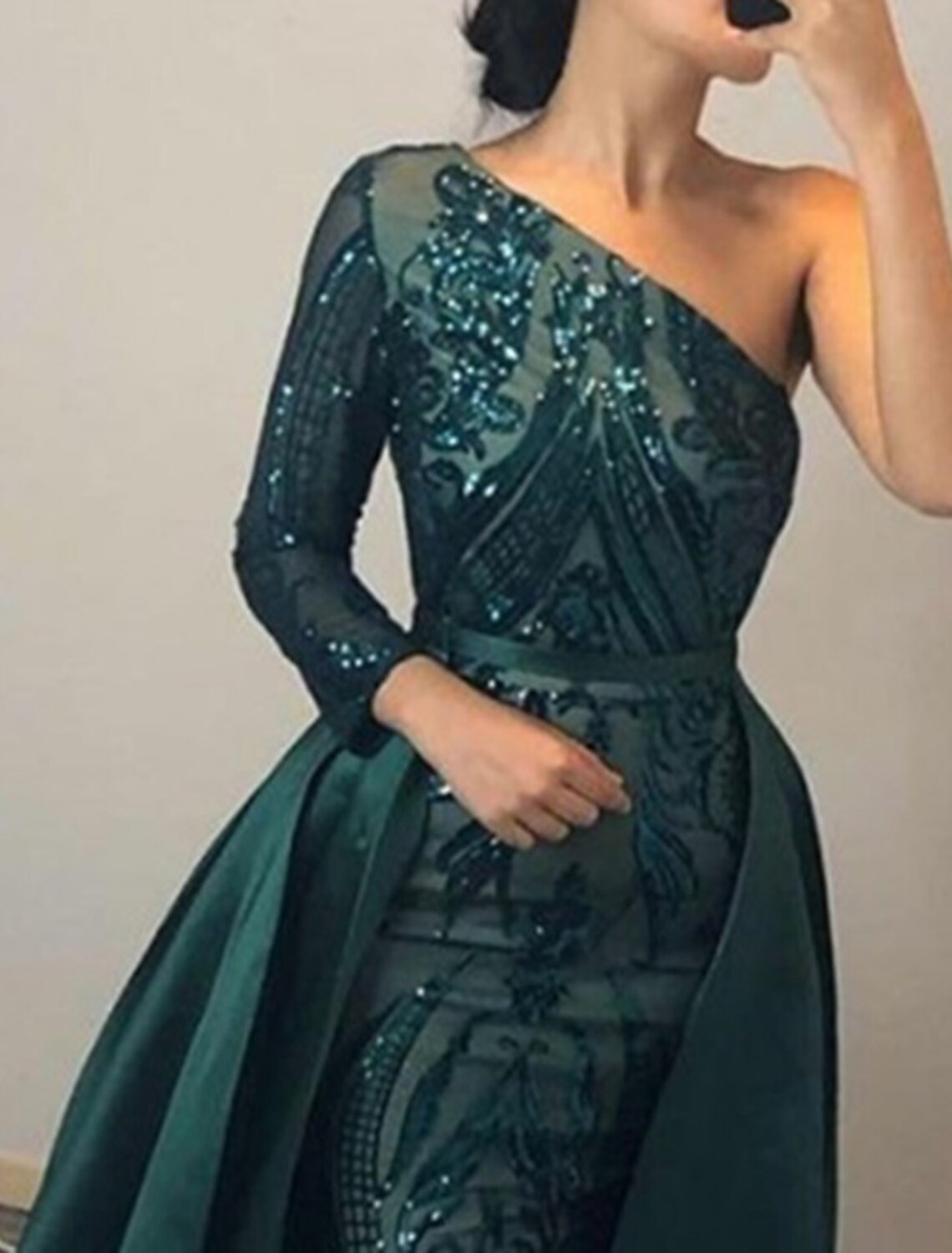 Mermaid / Trumpet Evening Gown Elegant Dress Formal Wedding Court Train Long Sleeve One Shoulder Detachable Satin with Sequin