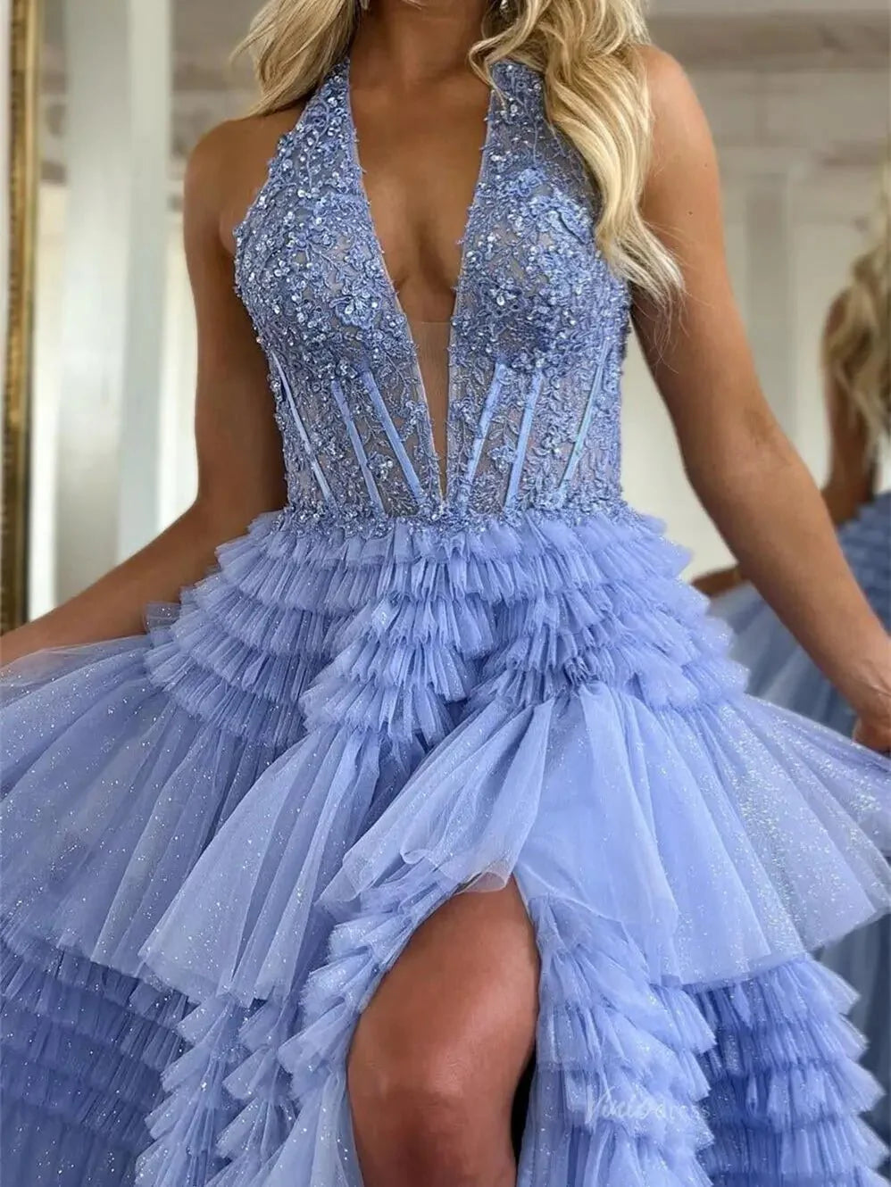 Radiant Sparkly Tulle Prom Dresses 2025 Ruffled Lace Halter Neck Formal Gown with Slit FD3730
