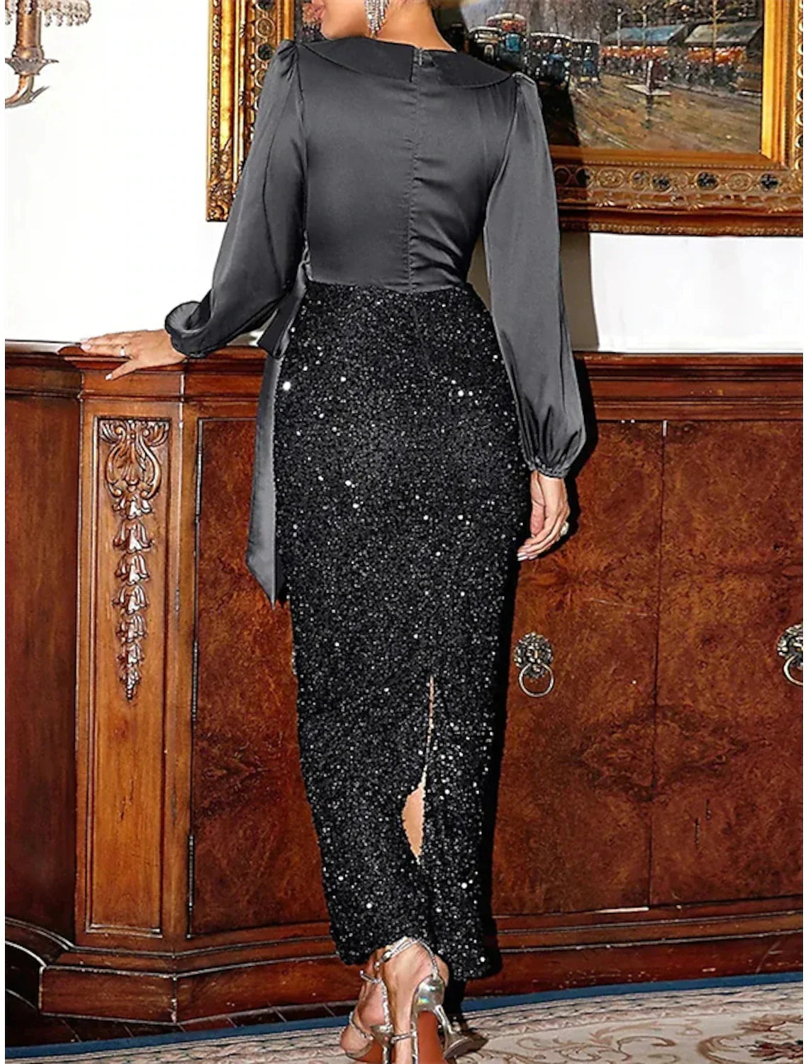 Mermaid / Trumpet Wedding Guest Dresses Sparkle & Shine Dress Wedding Party Semi Formal Ankle Length Long Sleeve V Neck Sequined with Sequin Slit Strapp