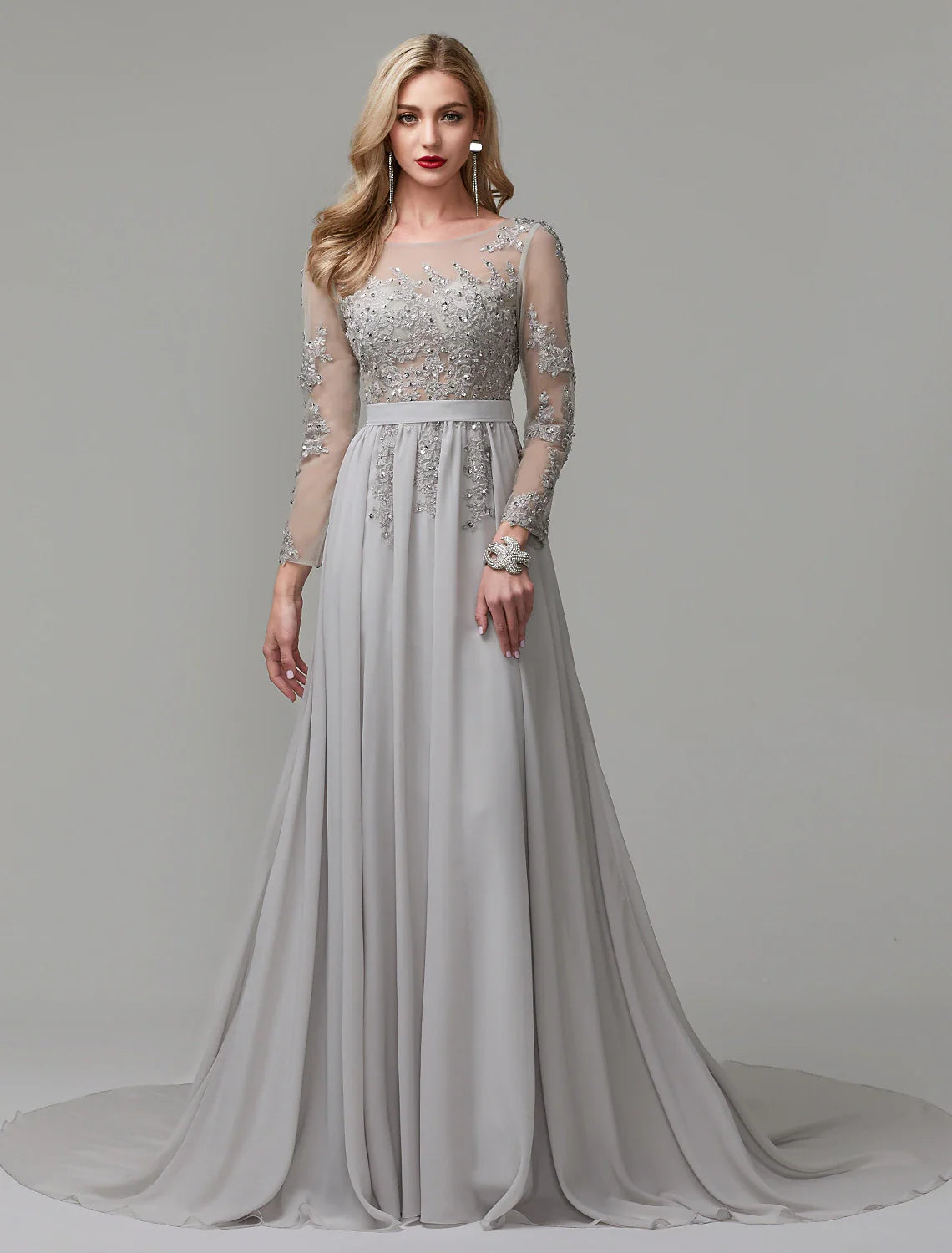 A-Line Luxurious Engagement Formal Evening Dress Illusion Neck V Back Low Back Long Sleeve Chapel Train Chiffon with Sequin Appliques 2024 / Illusion Sleeve
