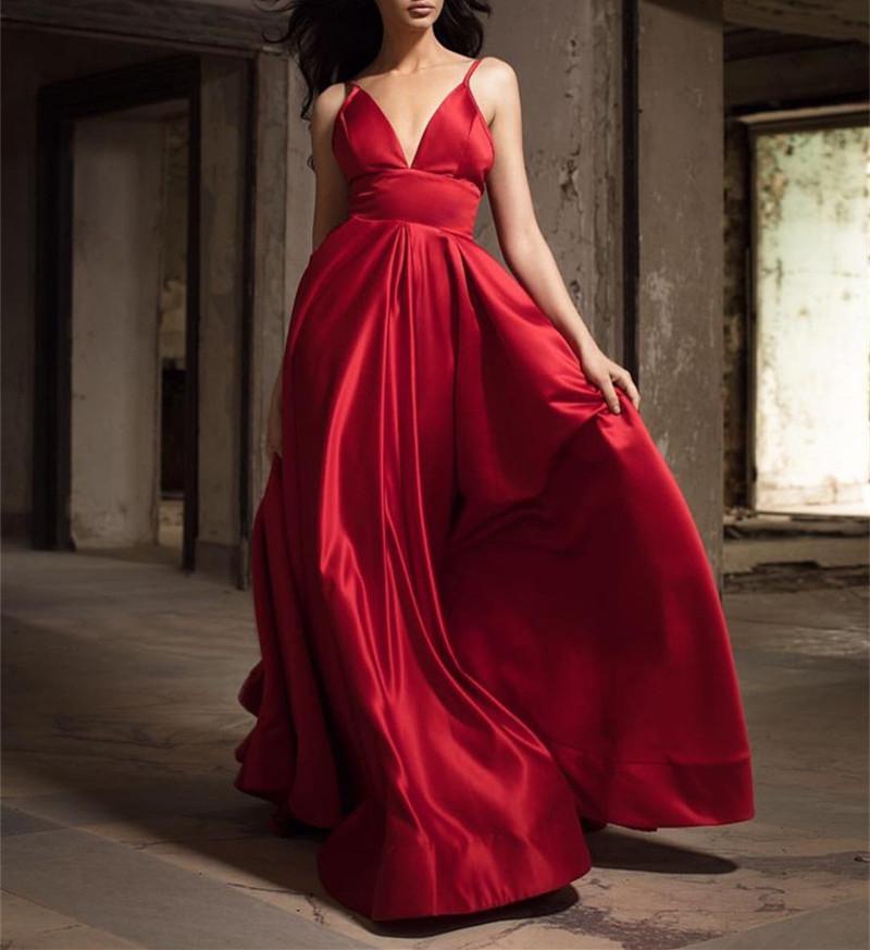 Sexy Long Satin V-neck Prom Dresses 2018 Evening Gowns