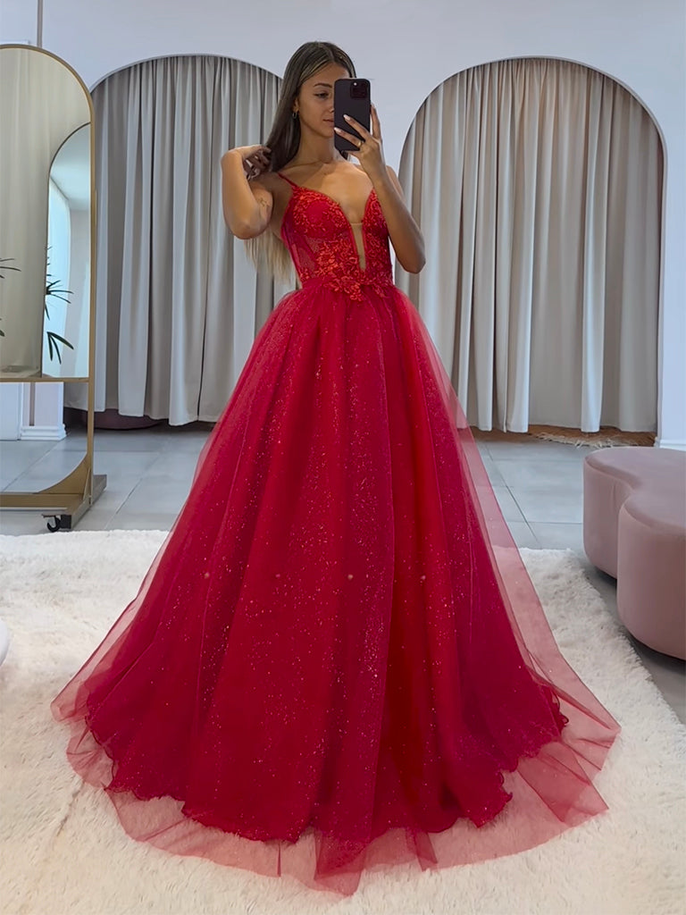 A-Line V Neck Lace Tulle Burgundy Long Prom Dress, Burgundy Long Evening Dress