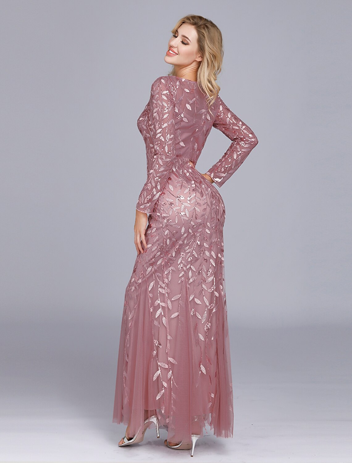 Mermaid / Trumpet Empire Elegant Party Wear Formal Evening Valentine's Day Dress Jewel Neck Long Sleeve Floor Length Tulle with Embroidery 2024 / Illusion Sleeve