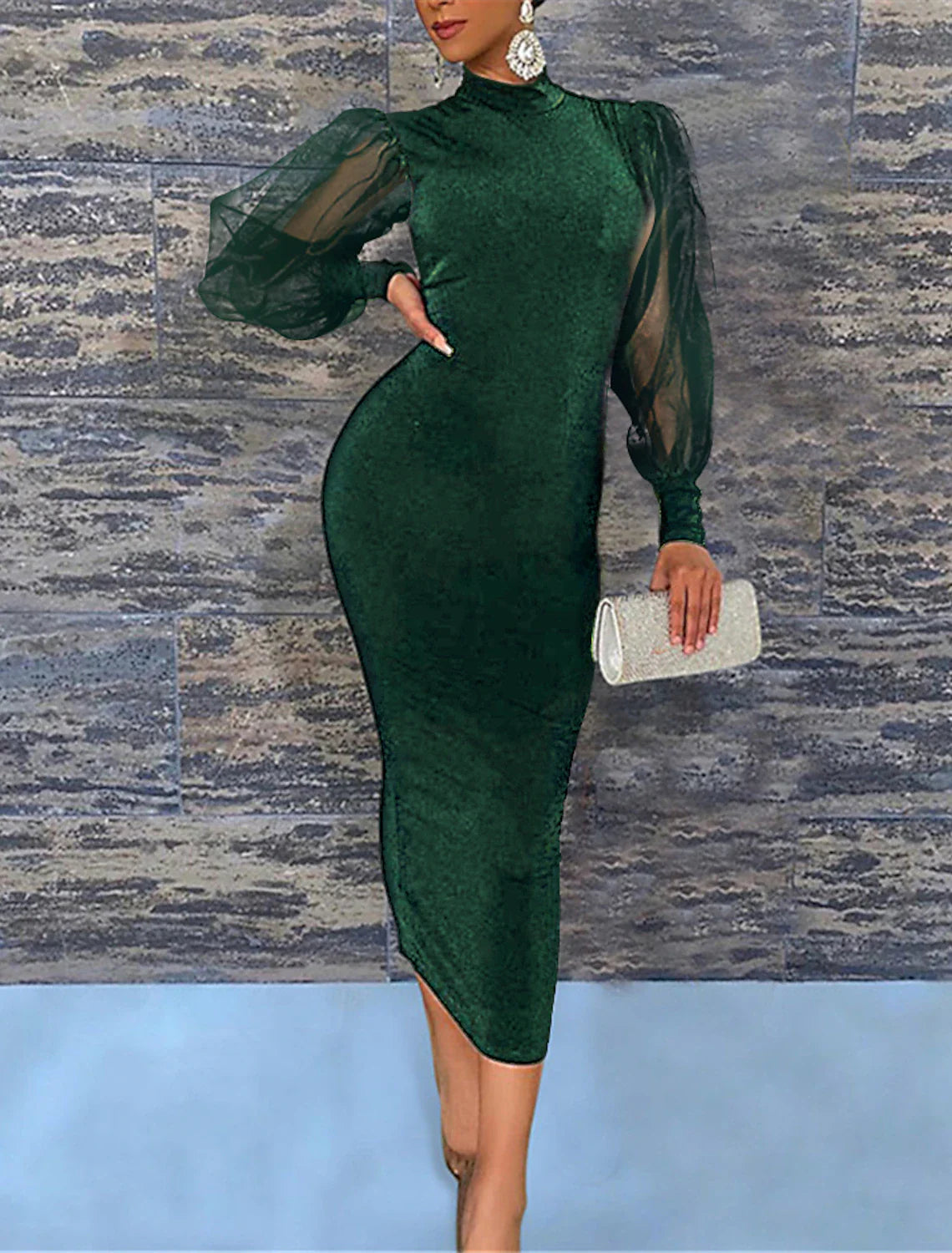 Sheath / Column Wedding Guest Dresses Elegant Dress Party Wear Semi Formal Tea Length Long Sleeve High Neck Stretch Chiffon with Pure Color