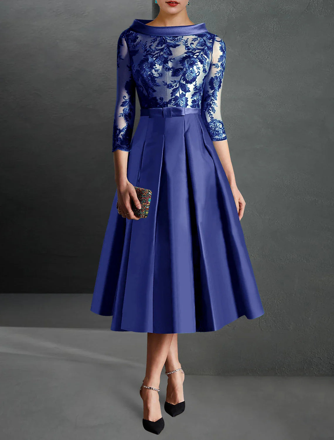 A-Line Cocktail Dress Christmas Red Green Dresses Formal Kentucky Derby Tea Length 3/4 Length Sleeve Jewel Neck Fall Wedding Guest Satin with Pleats Appliques 2025