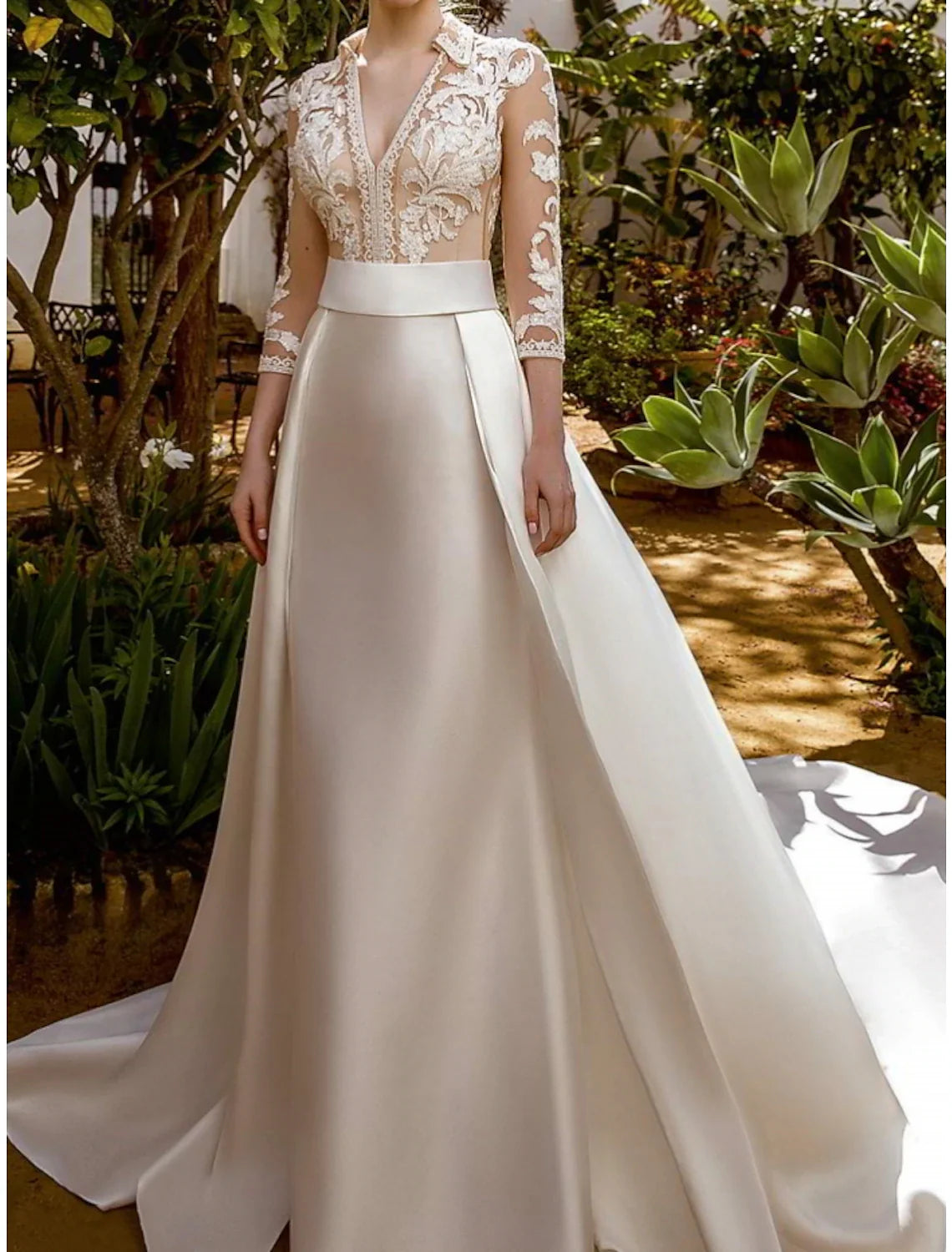 Aimishang Formal Wedding Dresses A-Line V Neck 3/4 Length Sleeve Court Train Satin Bridal Gowns With Pleats Solid Color