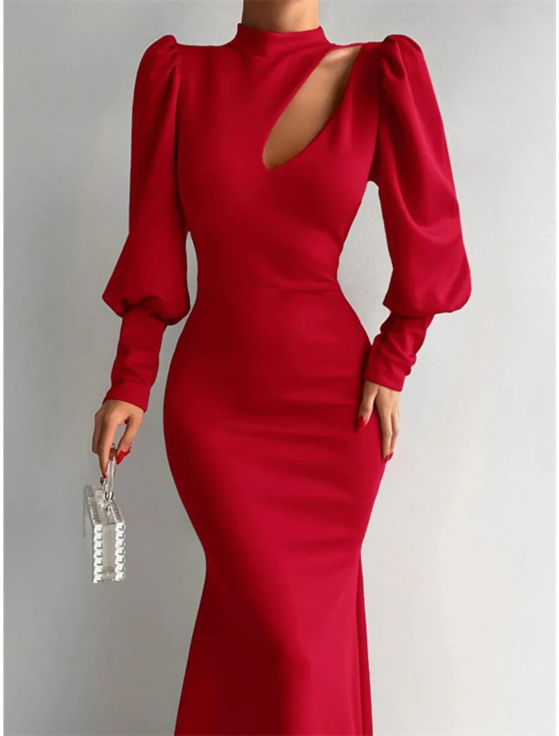 Mermaid Evening Gown Elegant Dress Formal Red Green Dress Sweep / Brush Train Long Sleeve High Neck Satin with Ruched