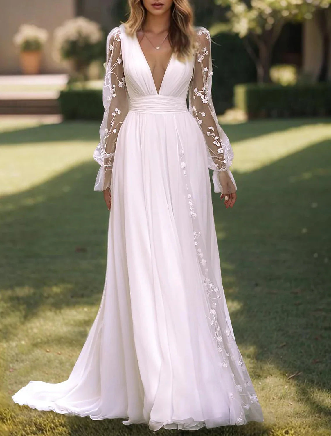 Aimishang Beach Wedding Dresses A-Line V Neck Long Sleeve Floor Length Chiffon Bridal Gowns With Solid Color
