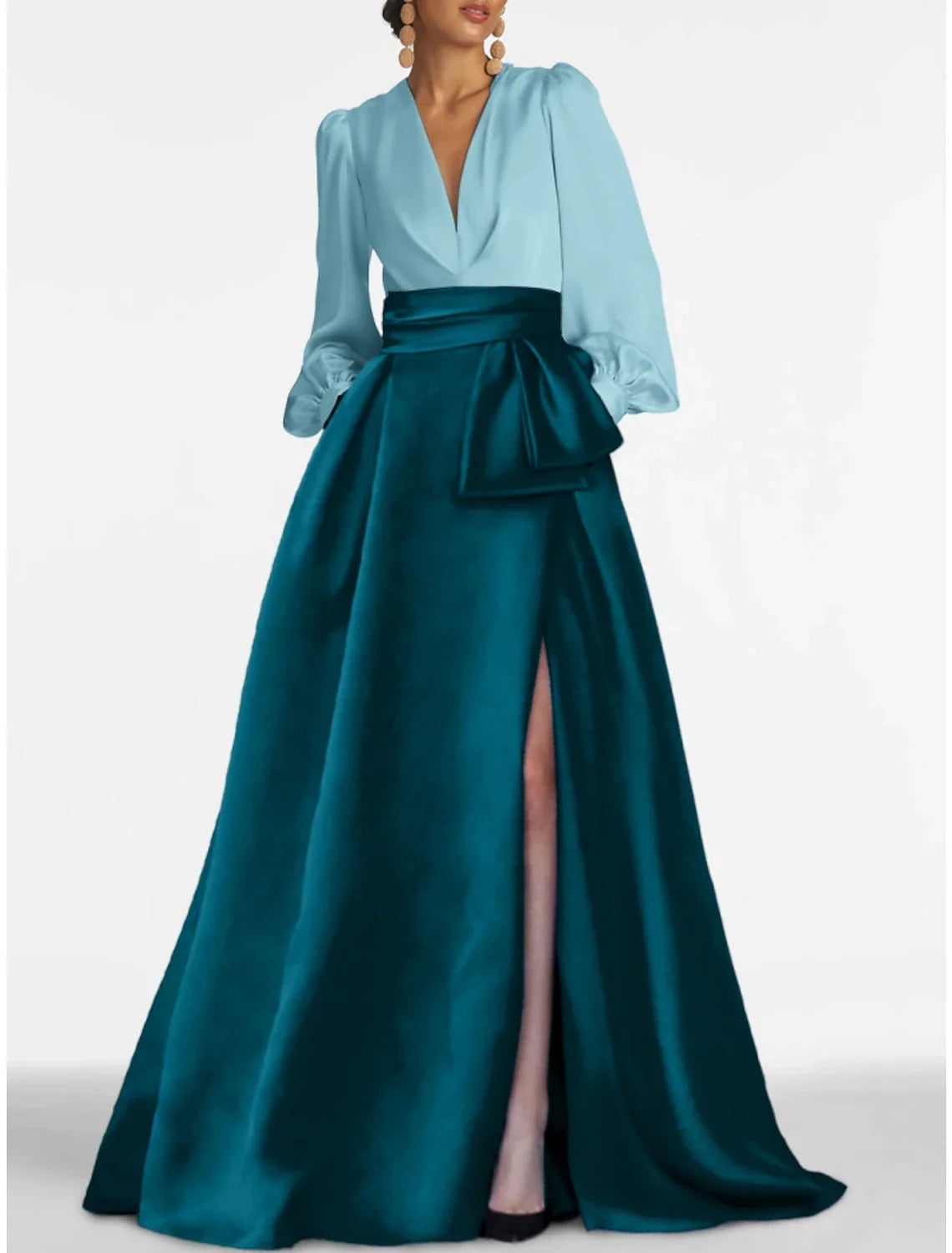 A-Line Evening Gown Elegant Dress Formal Sweep / Brush Train Formal Red Green Dress Long Sleeve V Neck Satin with Pleats Slit