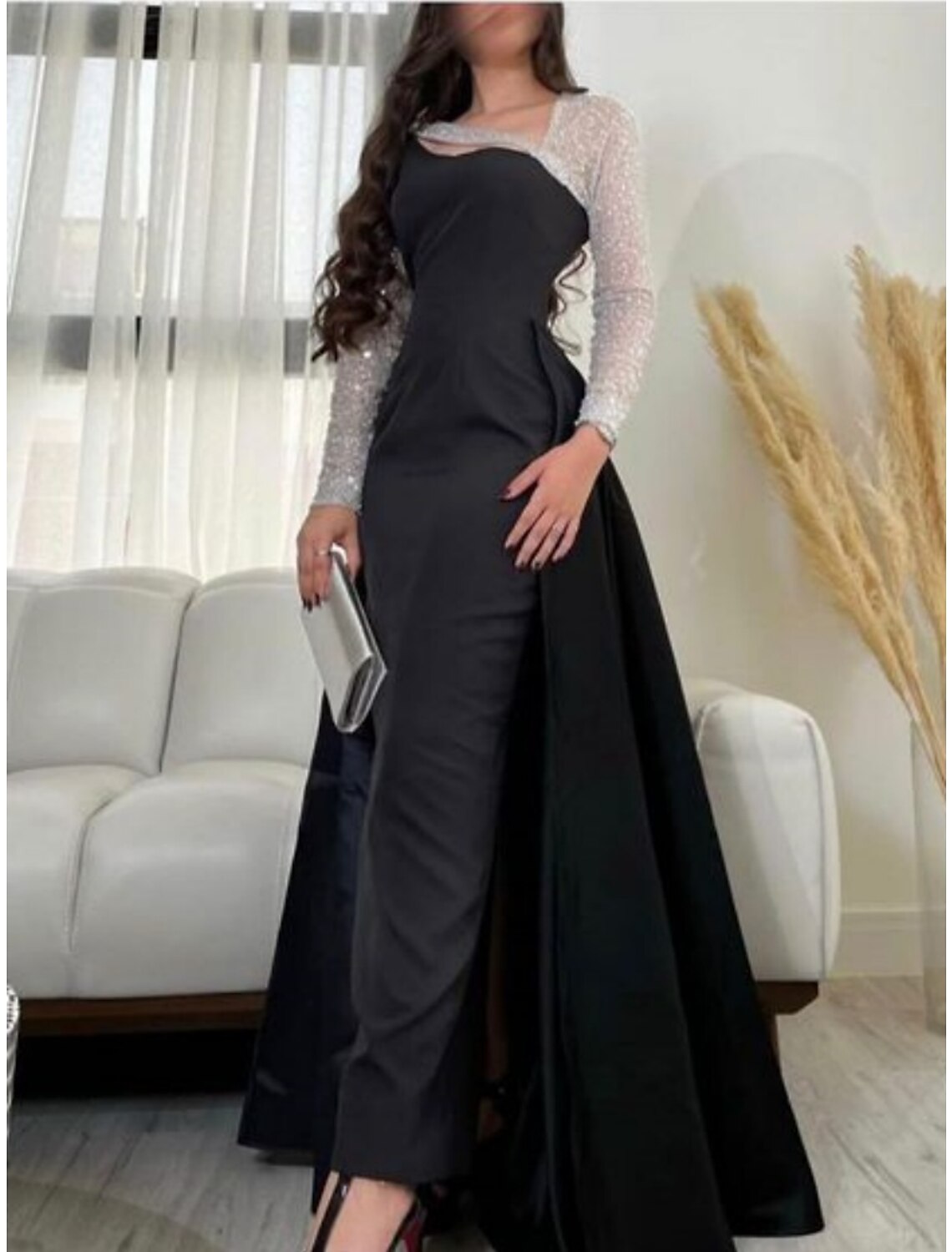 Sheath Evening Gown Elegant Dress Formal Floor Length Black Dress Carival Long Sleeve Scoop Neck Satin with Pleats Sequin