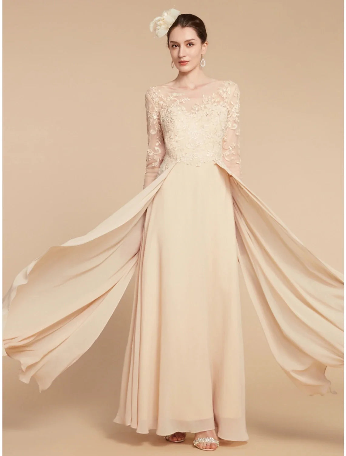 Aimishang  A-Line Mother of the Bride Dress Wedding Guest Elegant Jewel Neck Ankle Length Chiffon Lace Long Sleeve with Ruching Solid Color