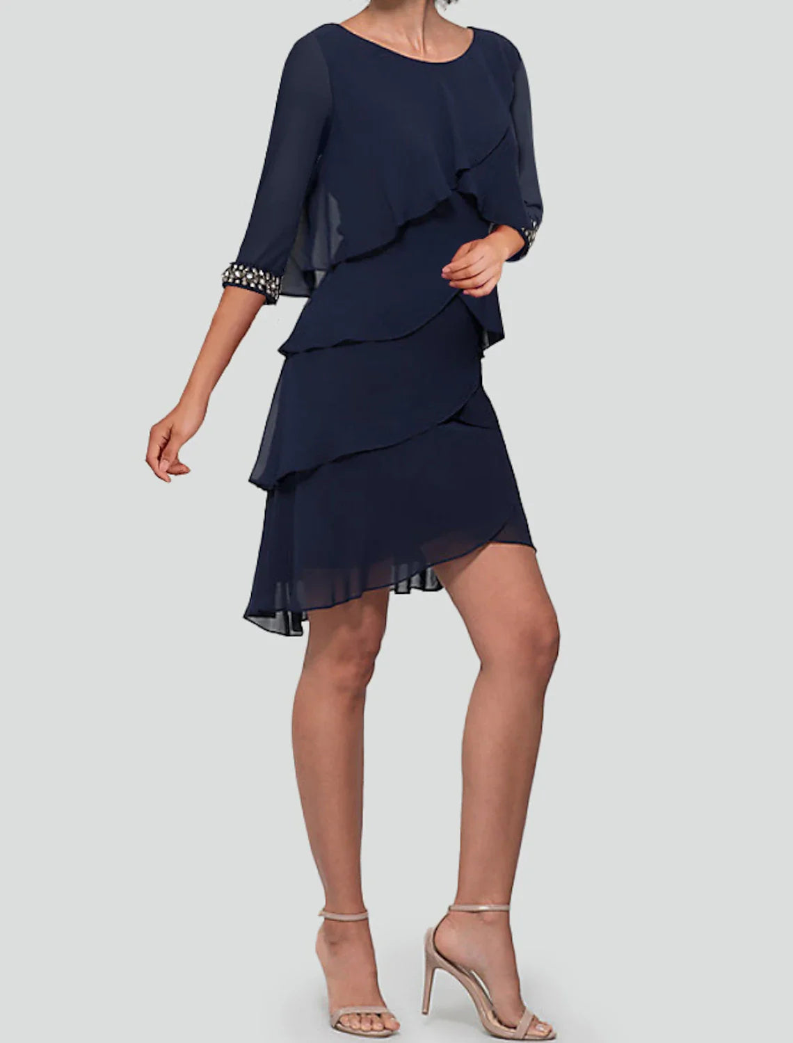 Sheath Party Dress Cocktail Dresses Tiered Plisse Dress Semi Formal Knee Length Half Sleeve Jewel Neck Fall Wedding Guest Chiffon with Rhinestone Ruffles 2025