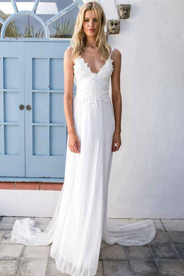 Romantic Chiffon Beach Wedding Dress with Lace Appliques