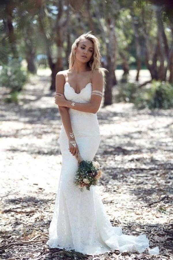 Romantic Lace Mermaid Backless Wedding Dress with Spaghetti-Straps