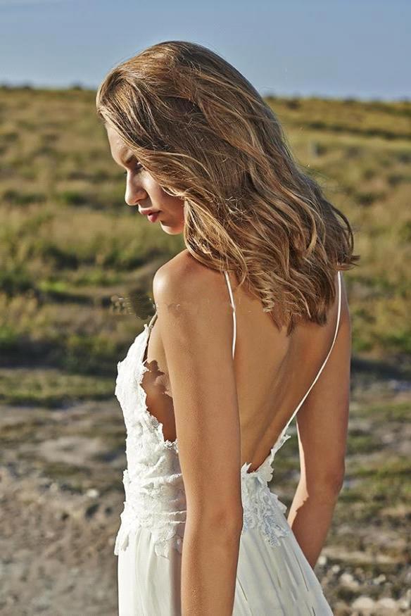 Romantic Lace Spaghetti-Straps Chiffon Long Summer Beach Wedding Dress