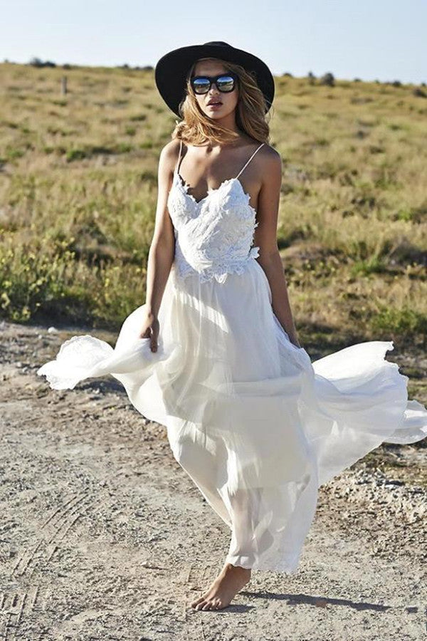 Romantic Lace Spaghetti-Straps Chiffon Long Summer Beach Wedding Dress