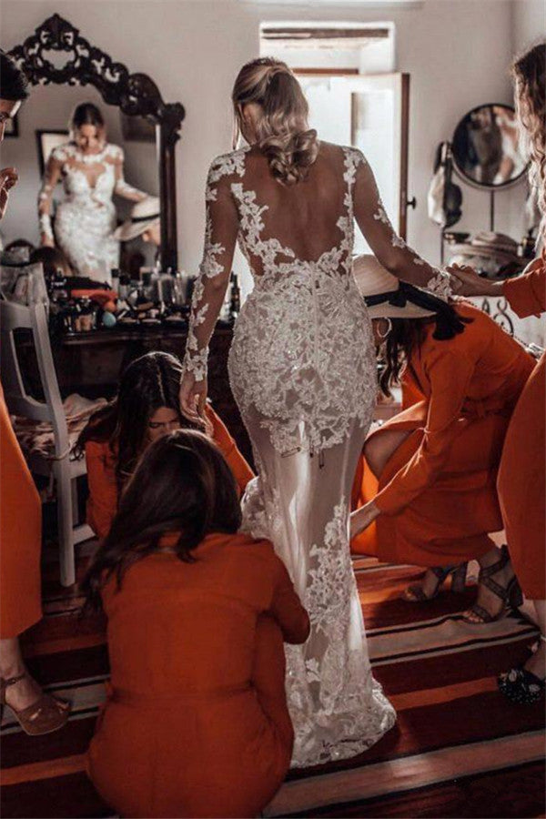 Romantic Long Sleeved Mermaid Lace Wedding Dress