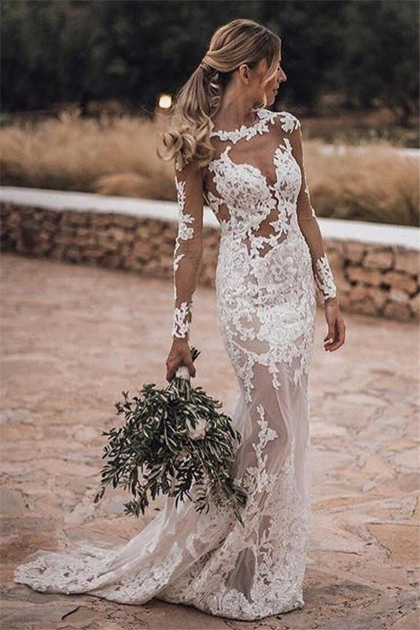Romantic Long Sleeved Mermaid Lace Wedding Dress