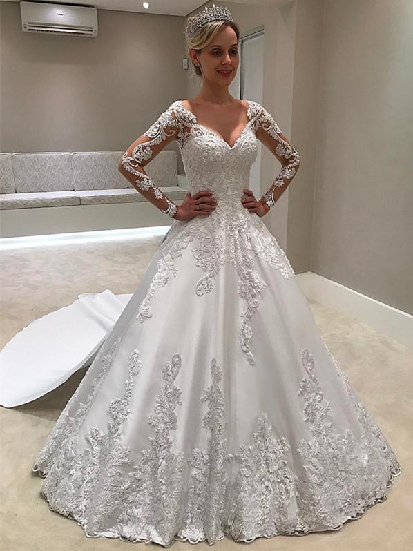 Romantic Satin V-neck Neckline A-line Wedding Dresses With Appliques Elegant Wholesale