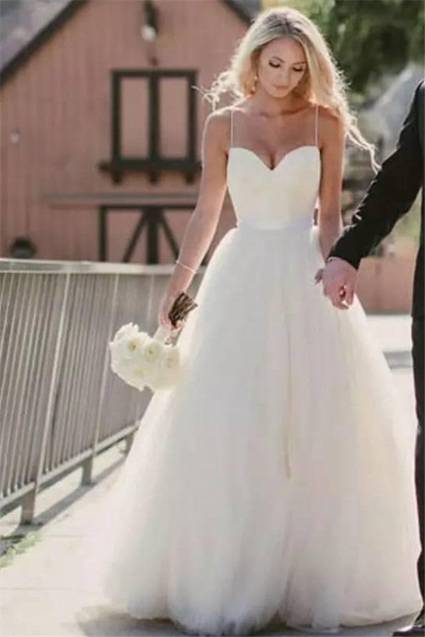 Romantic Spaghetti-Straps Tulle Long Wedding Dress