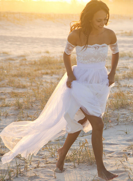 Romantic Summer Beach Wedding Dress with Tulle and Lace Bridal Gown