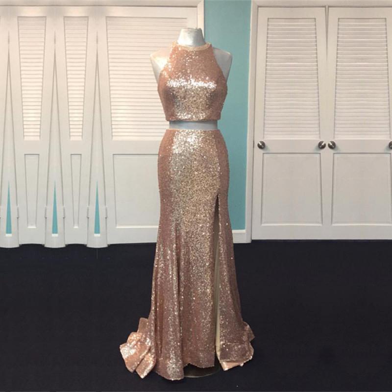 Rose Gold Sequin Two Piece Prom Dresses Mermaid Evening Gowns