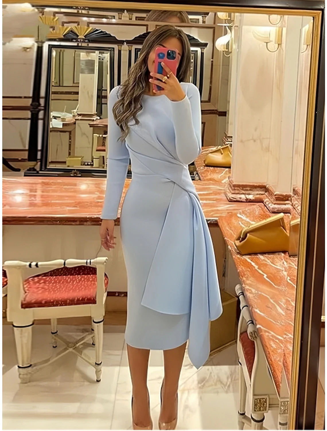 Wholesale Sheath Formal Dress Cocktail Dresses Elegant Red Green Dress Formal Fall Knee Length Long Sleeve Jewel Neck Stretch Fabric with Pleats Ruched