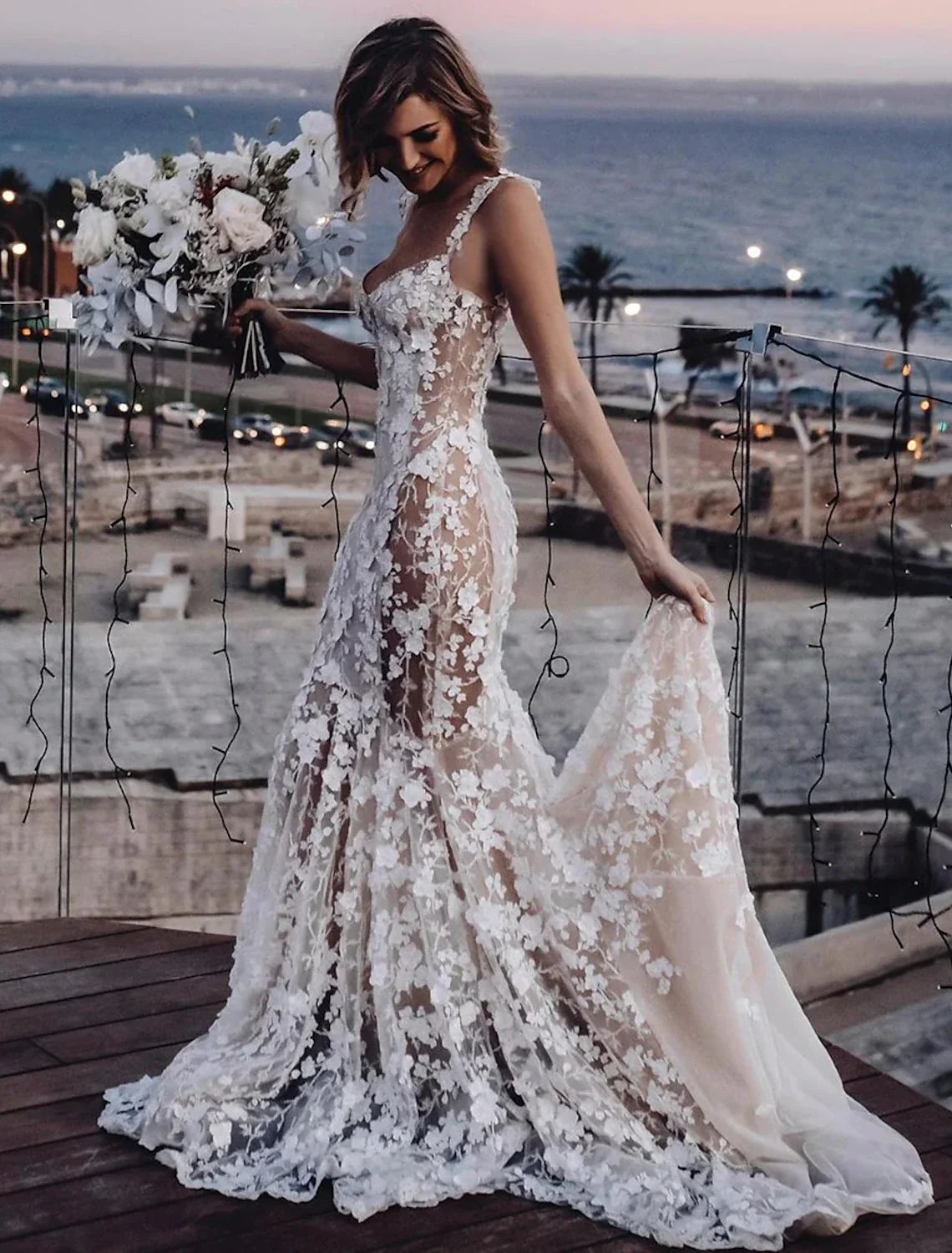 Aimishang Beach Sexy Boho Wedding Dresses Mermaid / Trumpet Sweetheart Regular Straps Court Train Lace Bridal Gowns With Appliques Summer Fall Wedding Party