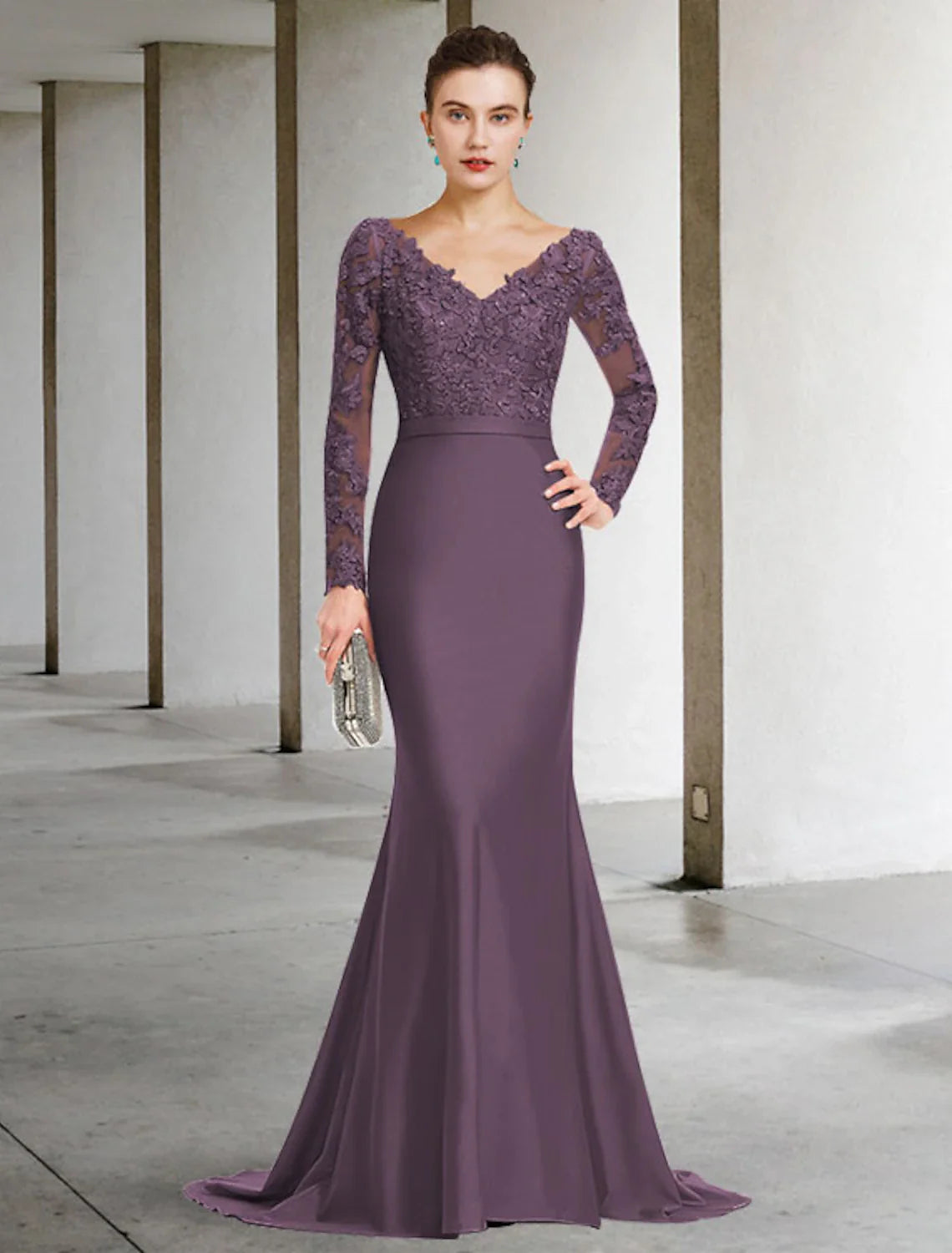 Aimishang  Mermaid / Trumpet Mother of the Bride Dress Elegant V Neck Sweep / Brush Train Chiffon Lace Long Sleeve with Appliques