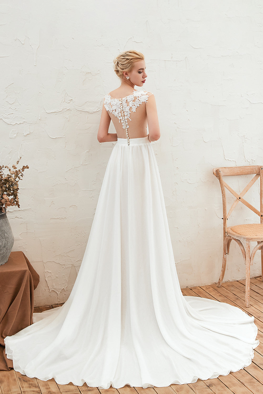 Ruffled Split Chiffon Lace Scoop Wedding Dress Appliques