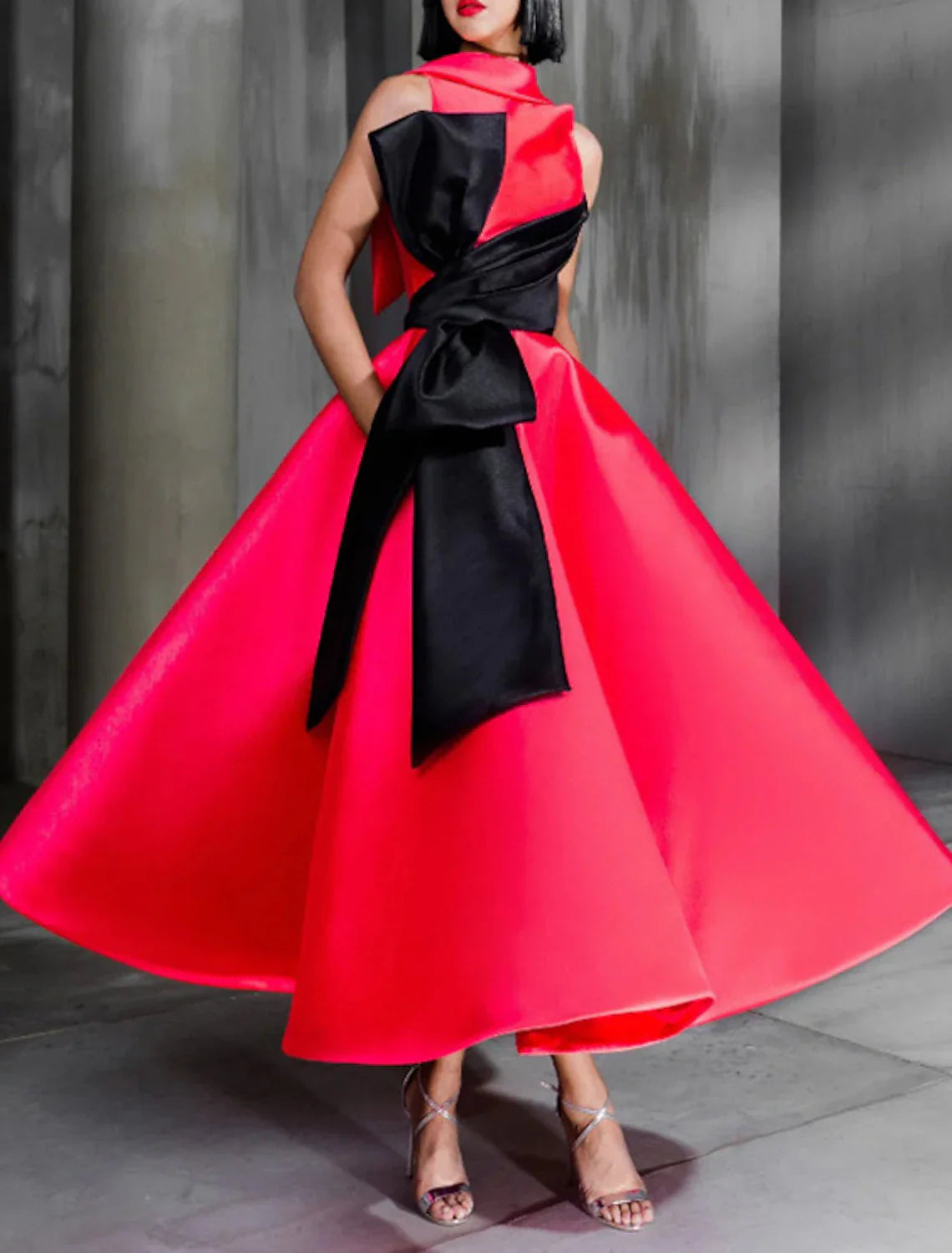 Aimishang Ball Gown Color Black Celebrity Style Elegant Prom Formal Evening Birthday Dress Red Dress High Neck Sleeveless Ankle Length Satin with Bow(s)