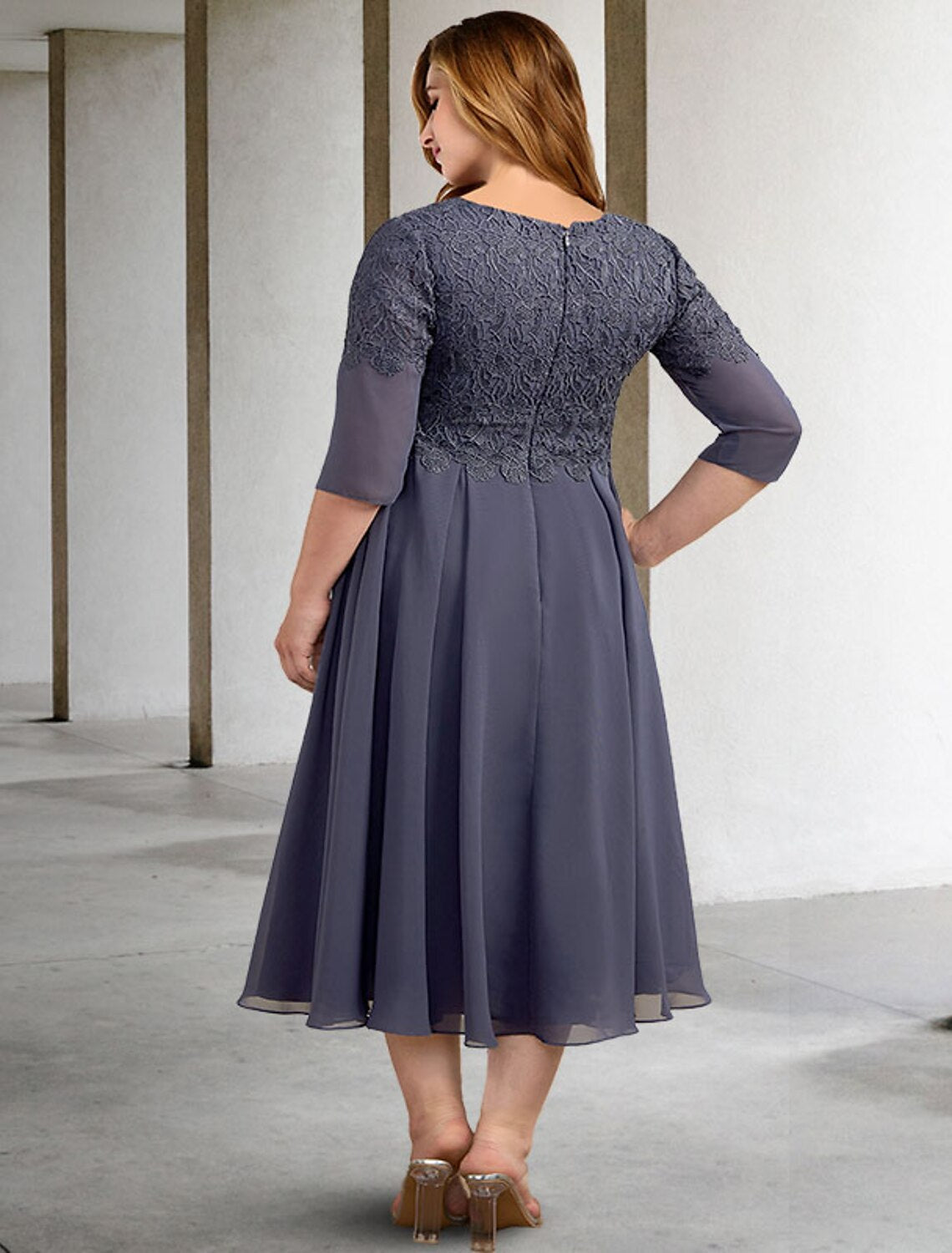 A-Line Mother of the Bride Dresses Plus Size Hide Belly Curve Elegant Dress Formal Tea Length Half Sleeve V Neck Chiffon with Buttons Appliques Fall