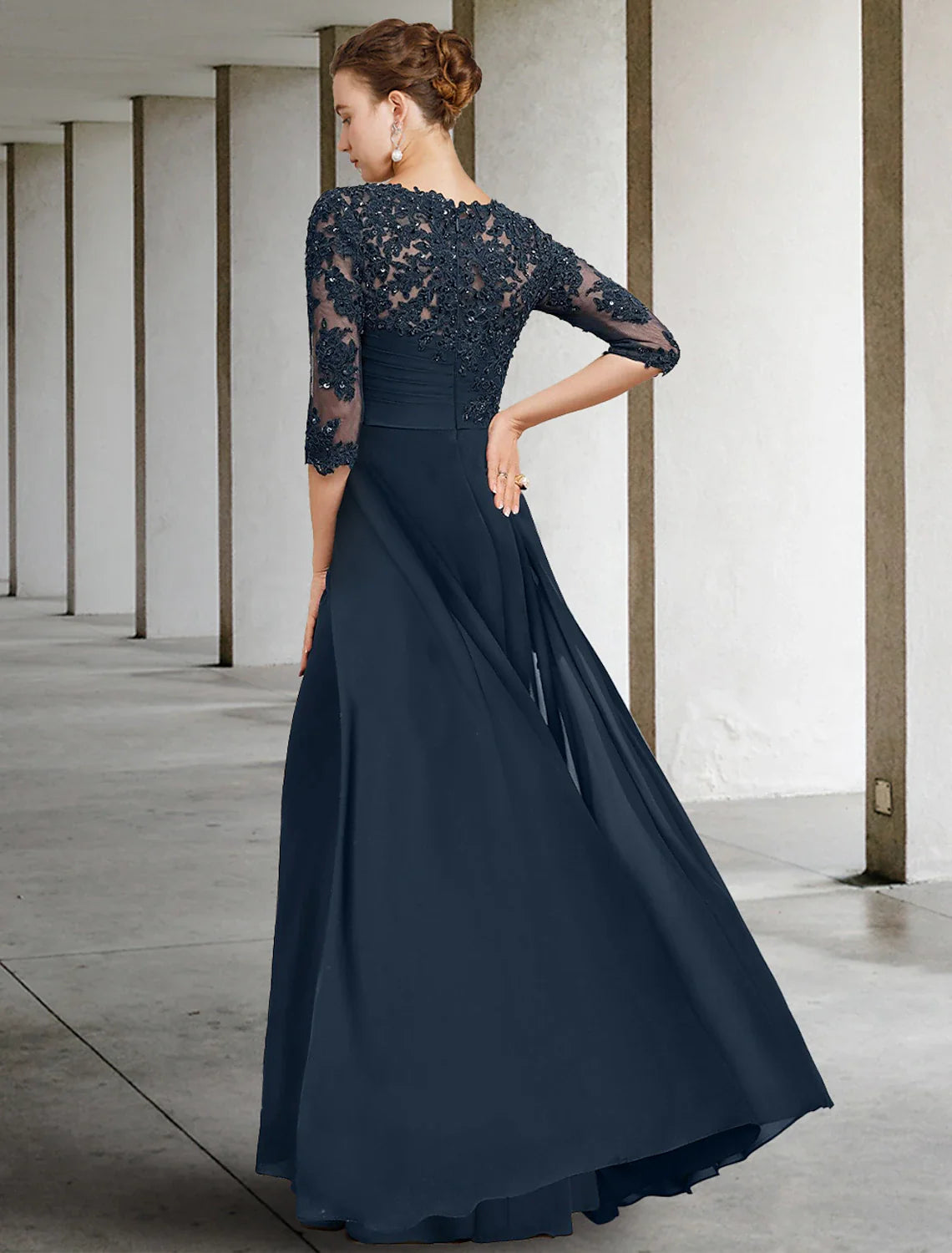 Aimishang Sheath / Column Mother of the Bride Dress Wedding Guest Elegant Jewel Neck Floor Length Chiffon Lace Half Sleeve with Sequin Ruching Solid Color