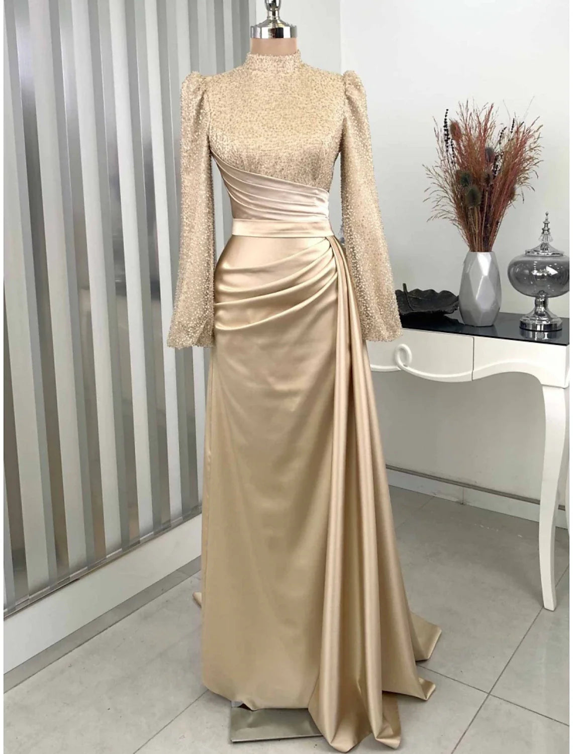 Aimishang A-Line Evening Gown Champagne Christmas Elegant Dress Formal Sweep / Brush Train Long Sleeve High Neck Satin with Glitter Pleats Ruched