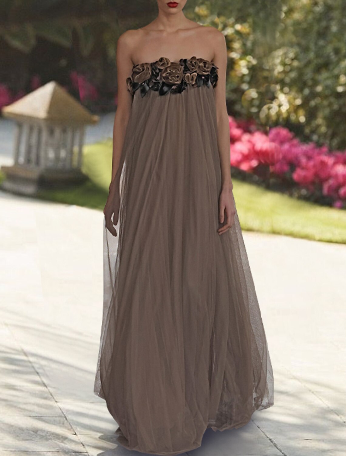 A-Line Evening Gown Elegant Dress Wedding Guest Prom Floor Length Sleeveless Strapless Chiffon with Pleats Appliques Pure Color